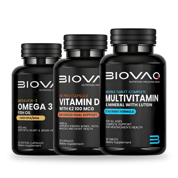 Daily Essentials Stack: BIOVAQ Omega-3, Vitamin D3 + K2 and Multivitamin
