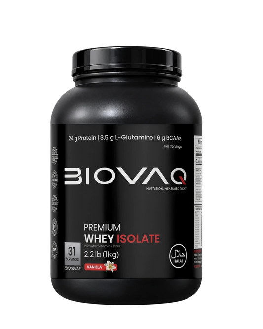 BIOVAQ Whey Protein Isolate 1kg Vanilla, front of tub