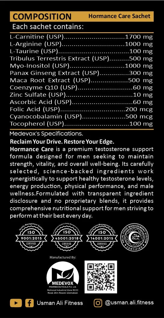 MetaTest Pro composition panel listing 13 transparently dosed ingredients per sachet