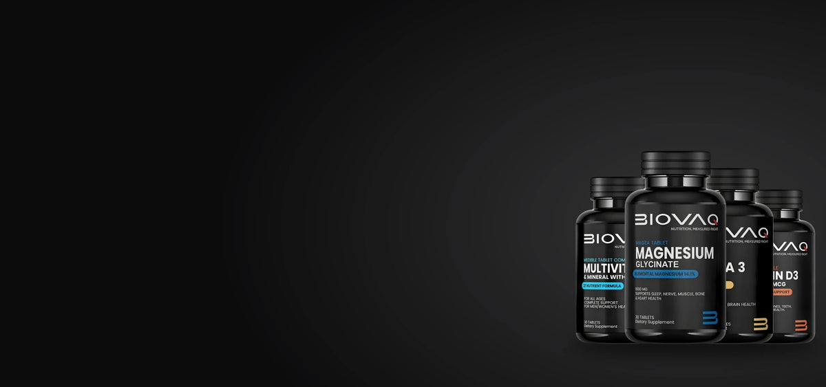BIOVAQ supplement bottles: Multivitamin, Magnesium Glycinate, Omega-3 and Vitamin D3 + K2