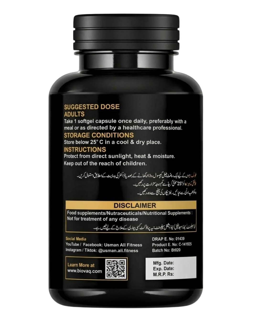 BIOVAQ Omega-3 Fish Oil 1000mg, directions and label panel