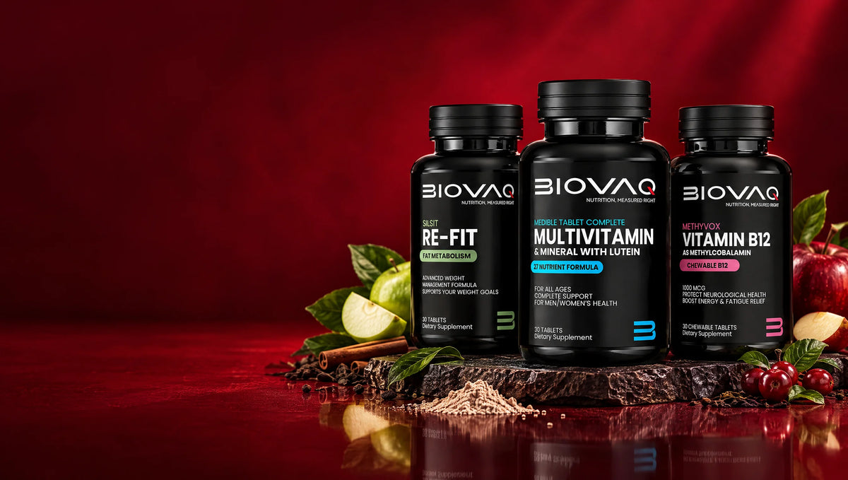 BIOVAQ Re-Fit, Complete Multivitamin and Vitamin B12 bottles on a red background
