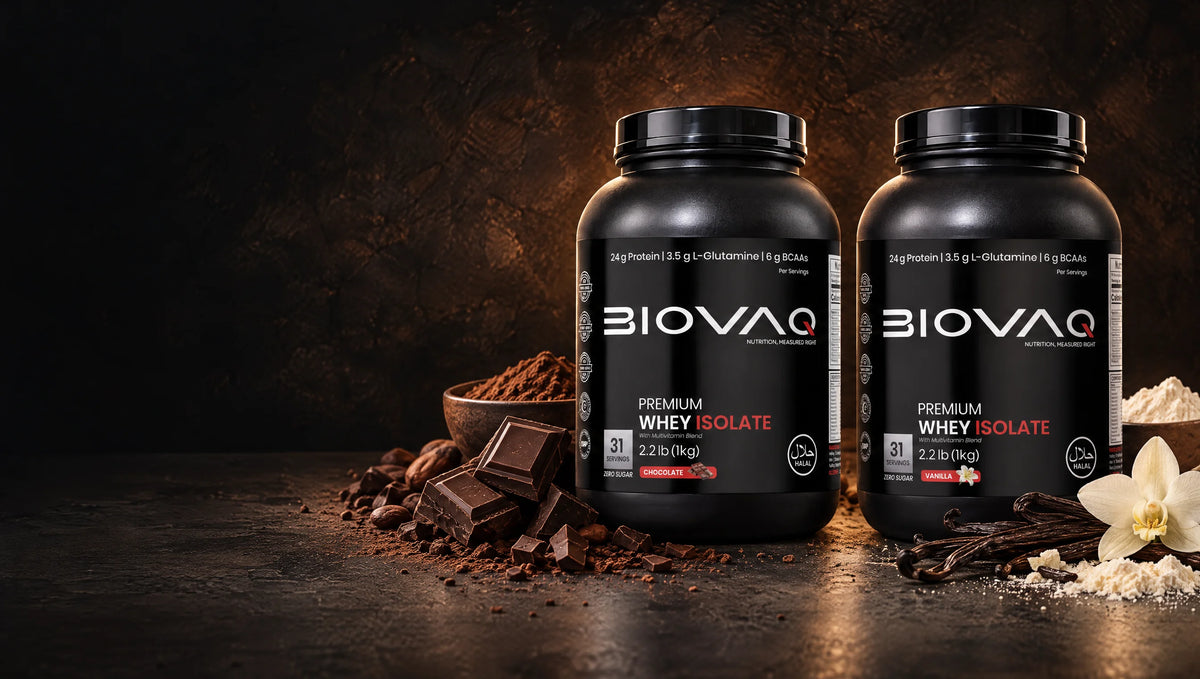 BIOVAQ Premium Whey Isolate tubs in Chocolate and Vanilla