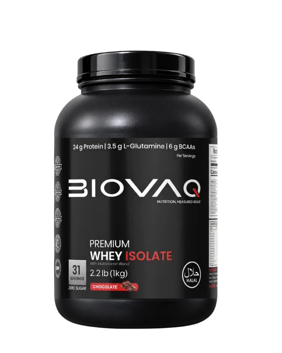 BIOVAQ Whey Protein Isolate 1kg Chocolate, front of tub
