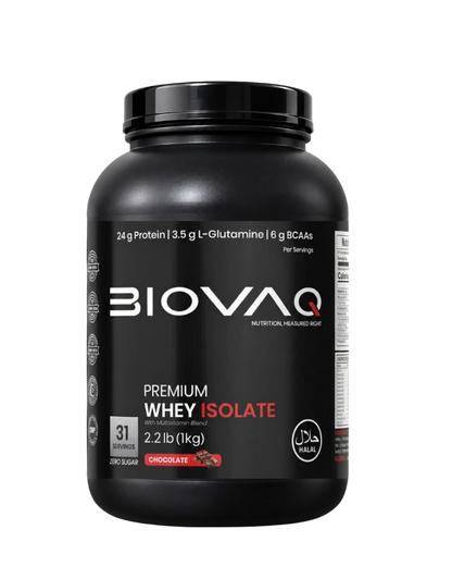 BIOVAQ Whey Protein Isolate 1kg Chocolate, front of tub