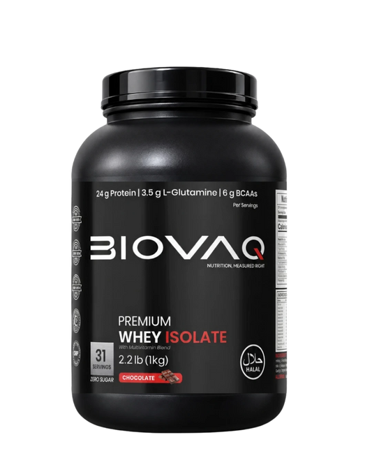 BIOVAQ Whey Protein Isolate 1kg Chocolate, front of tub