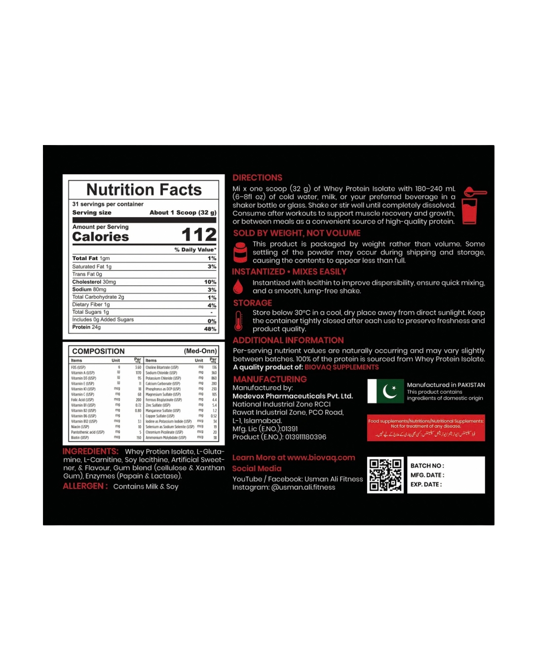 BIOVAQ Whey Protein Isolate 1kg, Nutrition Facts, directions and ingredients panel