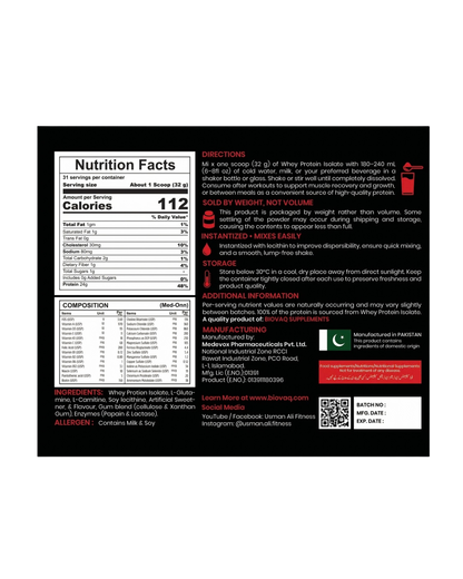 BIOVAQ Whey Protein Isolate 1kg, Nutrition Facts, directions and ingredients panel