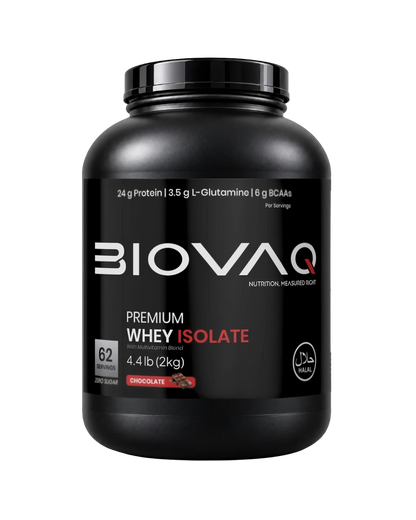 BIOVAQ Whey Protein Isolate 2kg Chocolate, front of tub