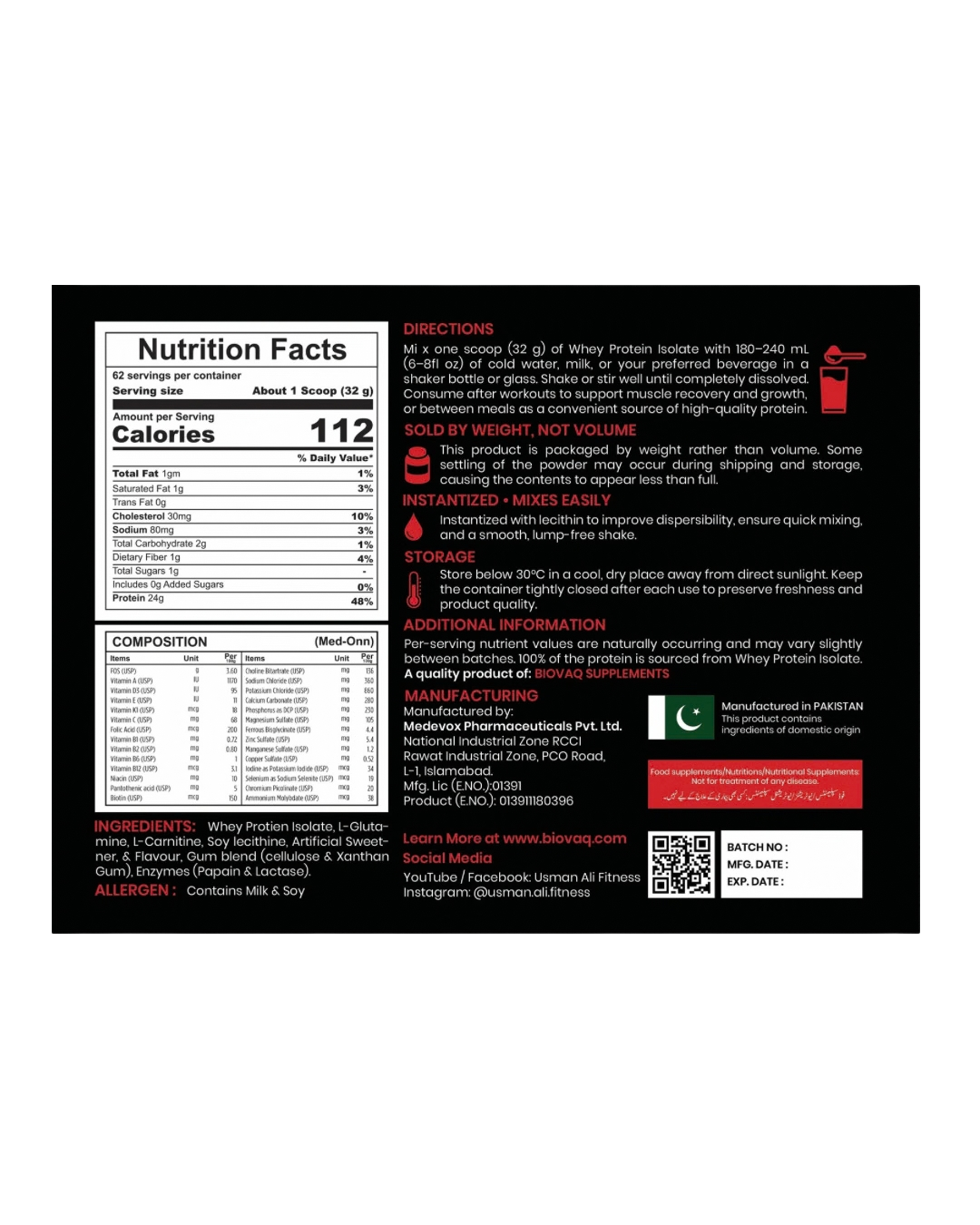 BIOVAQ Whey Protein Isolate 2kg, Nutrition Facts, directions and ingredients panel