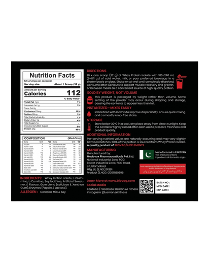 BIOVAQ Whey Protein Isolate 2kg, Nutrition Facts, directions and ingredients panel