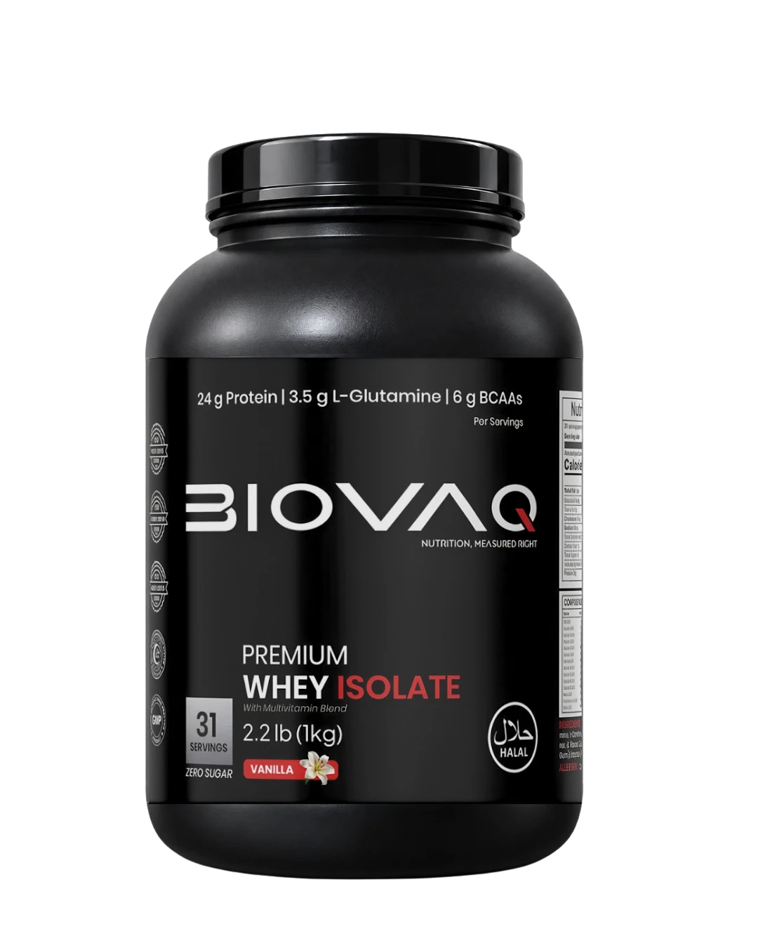 BIOVAQ Whey Protein Isolate 1kg Vanilla, front of tub