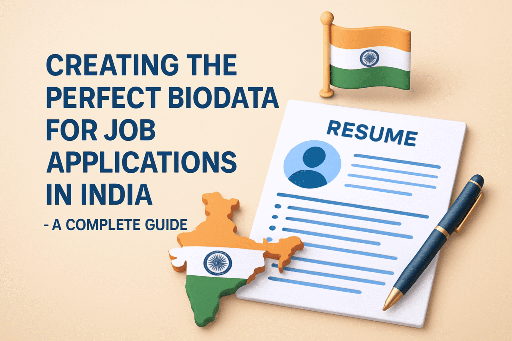 Professional Indian job biodata template with structured sections for personal, educational, and work details