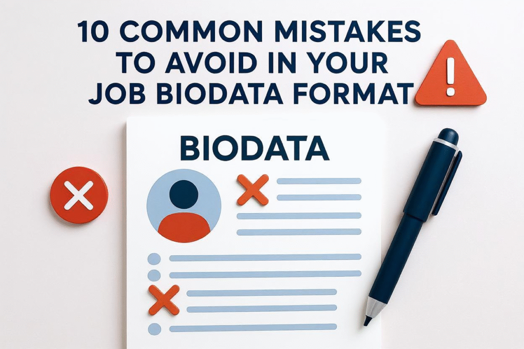 Job biodata with red marks highlighting formatting and content mistakes to avoid