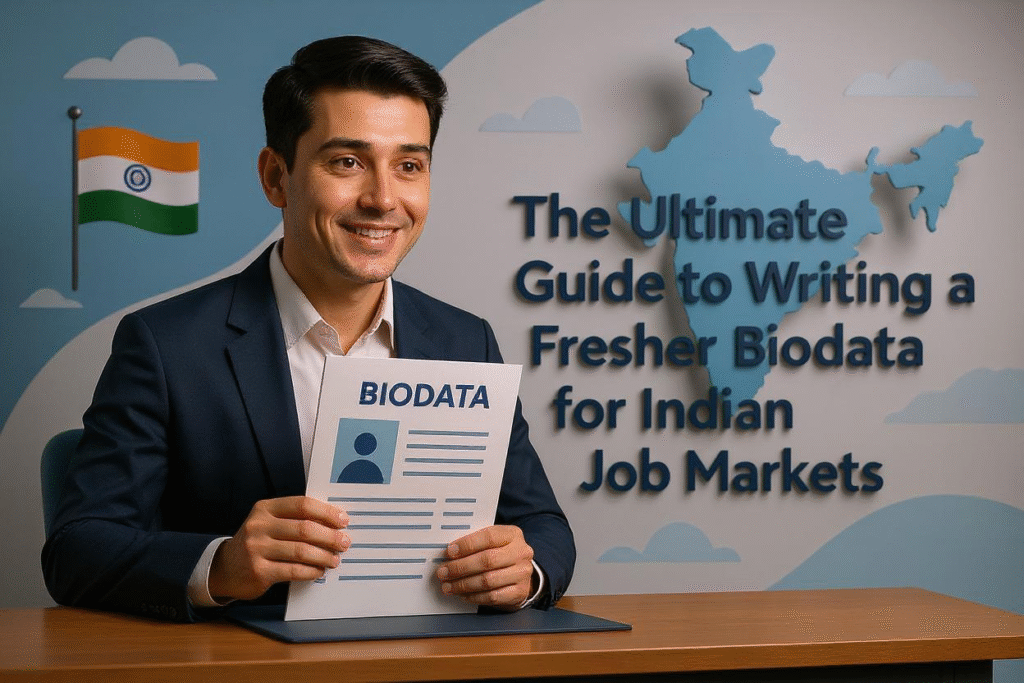 Fresher biodata template with academic details, skills, and career objective suited for Indian job seekers