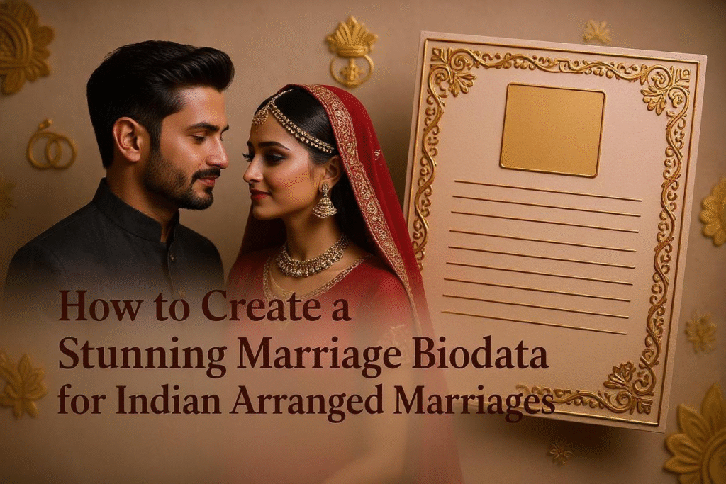 Elegant Indian marriage biodata layout with profile photo, personal details, and family background