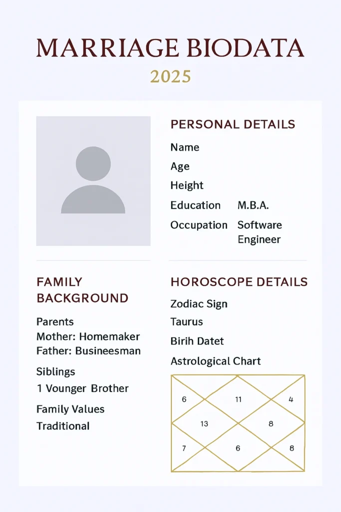 Download the best marriage biodata formats of 2025—simple, elegant, and culturally appropriate