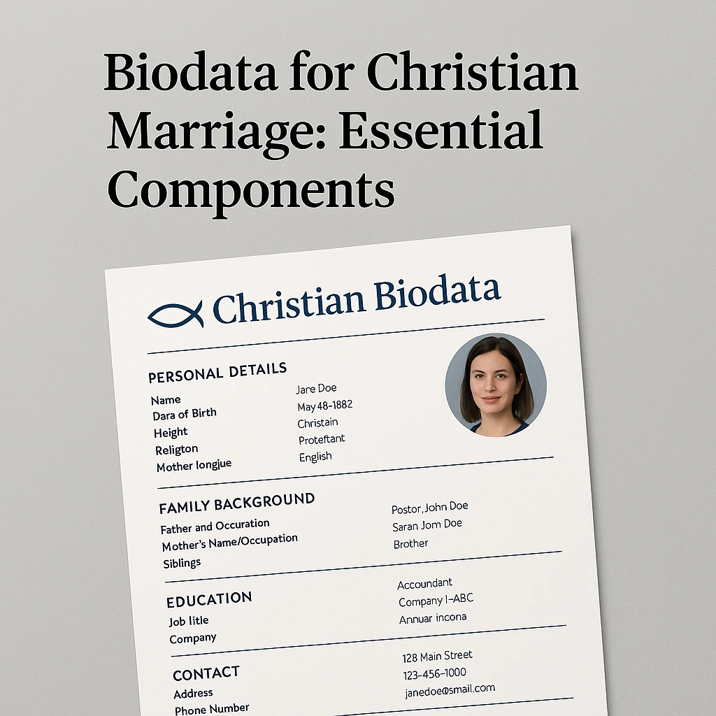 Discover the essential components of a Christian marriage biodata. Learn what to include, from personal details to faith background, and get free downloadable templates.