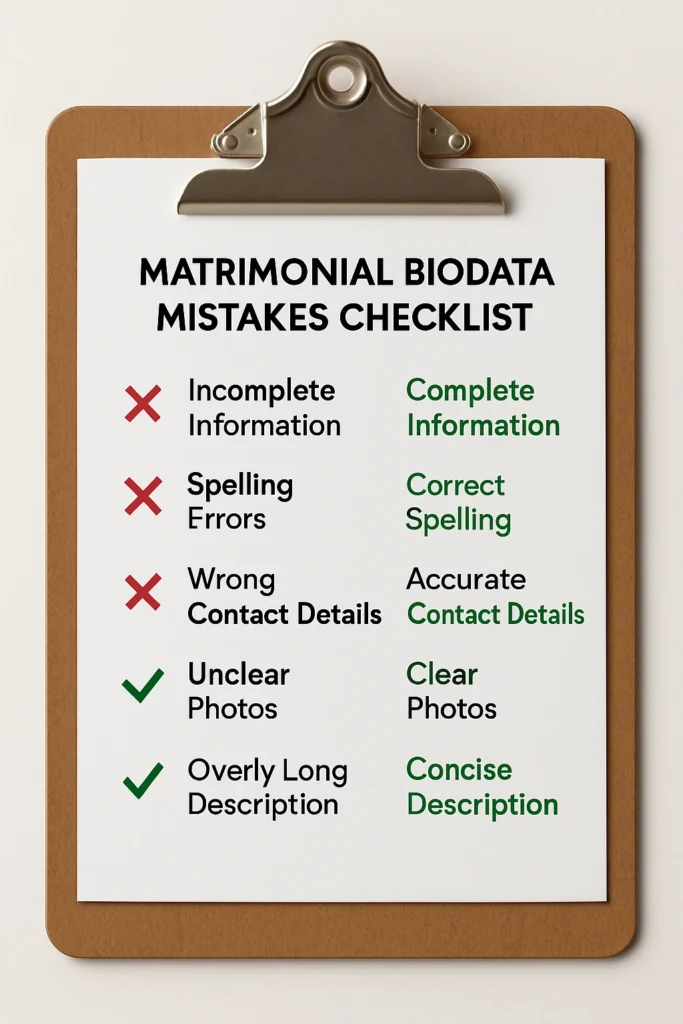 Illustration showing a matrimonial biodata checklist highlighting mistakes like spelling errors, vague job details, and outdated photos, with corrections marked clearly for accessibility.